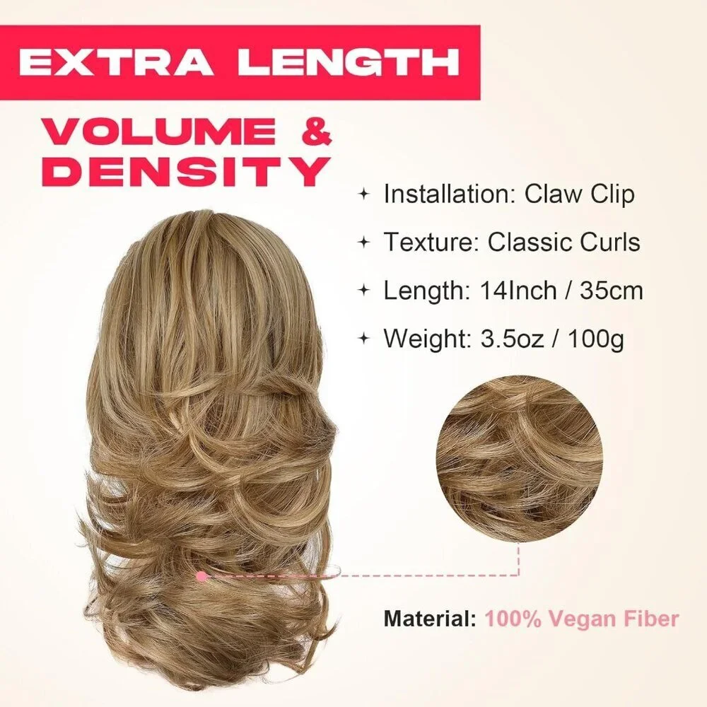 Ponytail Extension Vegan Fiber 14Wavy Layered Clip-In Hair Piece for Women